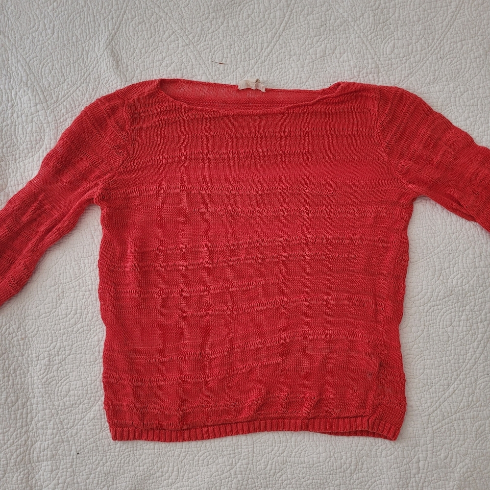 Eileen Fisher Linen Slub Stitch Coral Geran Bateau Neck Top Size PM